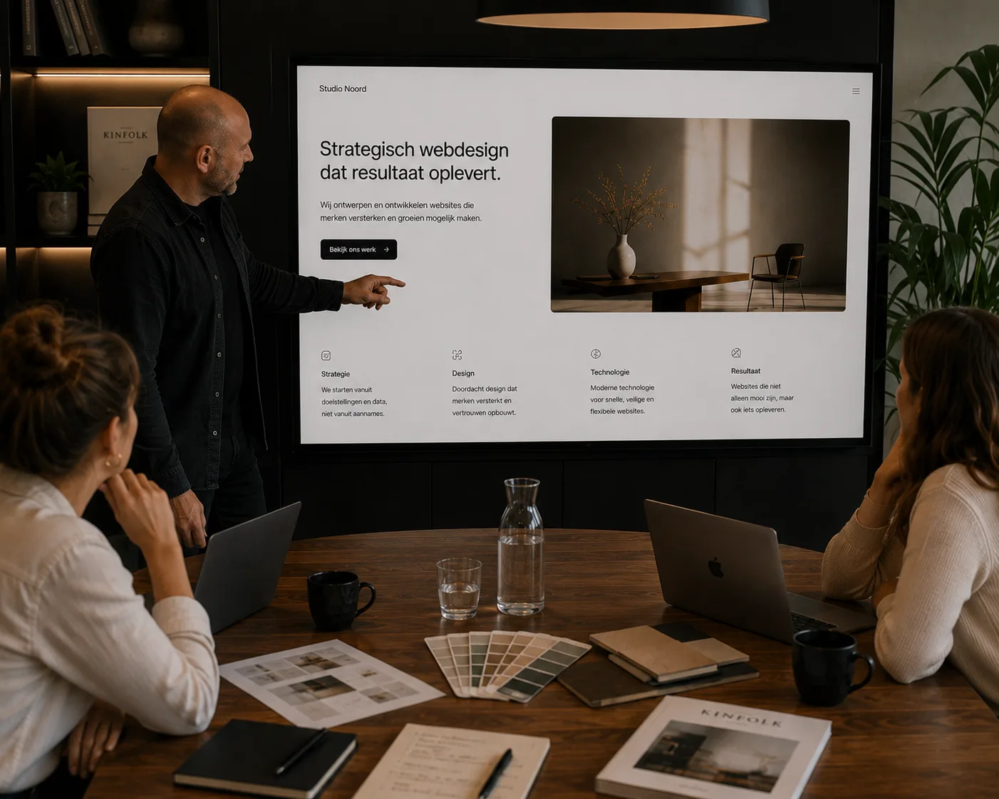 Jonathan presenteert een webdesignconcept aan een klant in een vergaderzaal